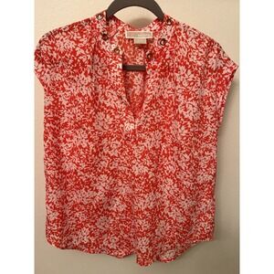Michael Kors Top Womens Petite Small Coral Pink Floral Print Cap Sleeve V Neck